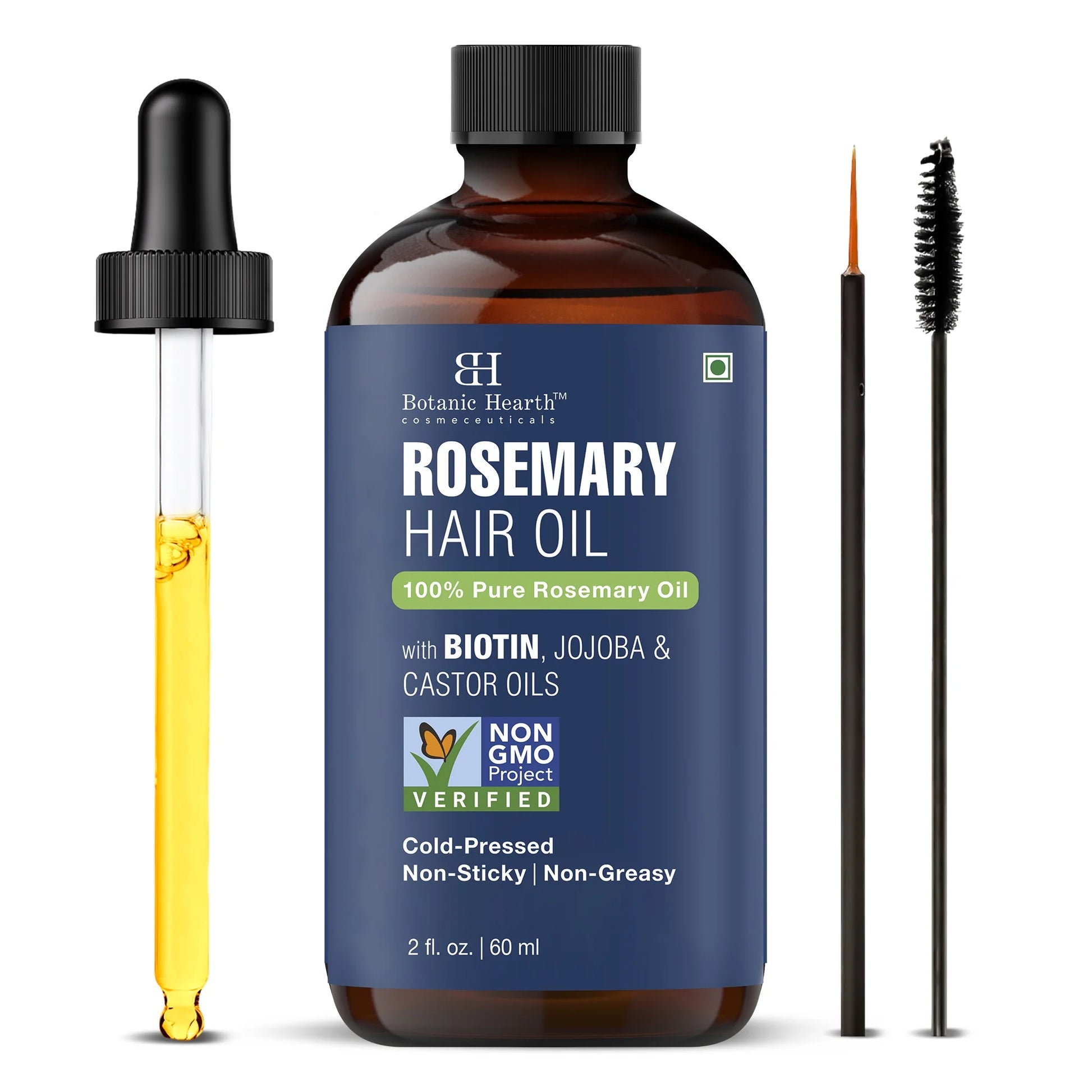 Rosemary 2 Fl Oz HAIR OIL with Glass Bottle + Dropper + Eyelash Brush + Eyebrow Applicator + Monocarton