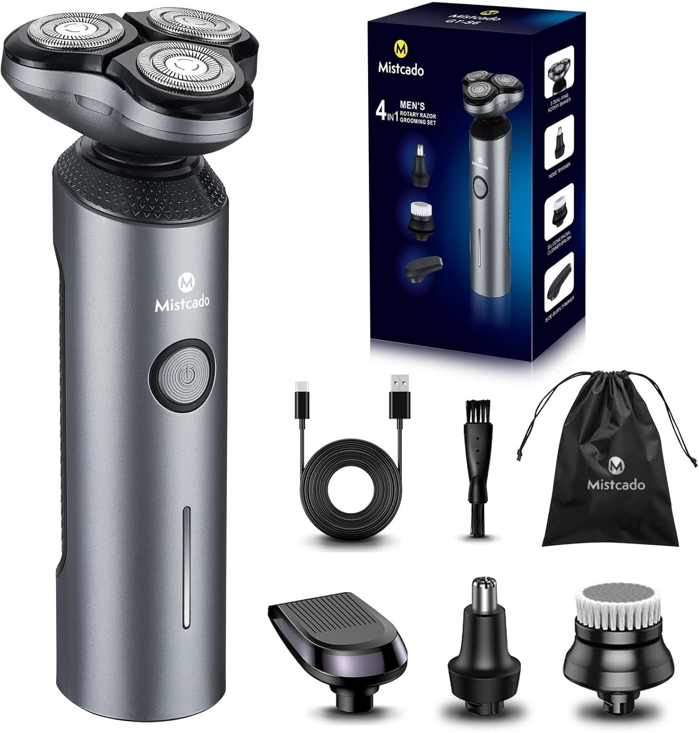 Electric Razor for Men, 4-In-1 Face Rechargeable Shaver Kit, Cordless Waterproof Rotary Razors with Travel Beard Trimmer, Nose Trimmer and Face Cleaning Brush (Gray)