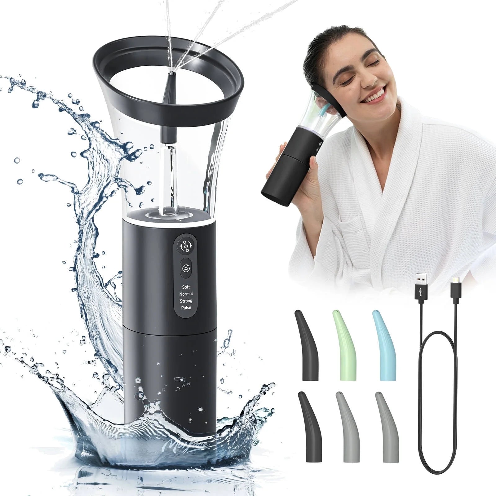 Ear Wax Removal with One-Piece Waste Tank, Ear Cleaner with Water Temperature Sensor, 4 Pressure Settings, Ear Cleaning Kit for Ear Wax Buildup & USB-C Cable, IPX6, Black
