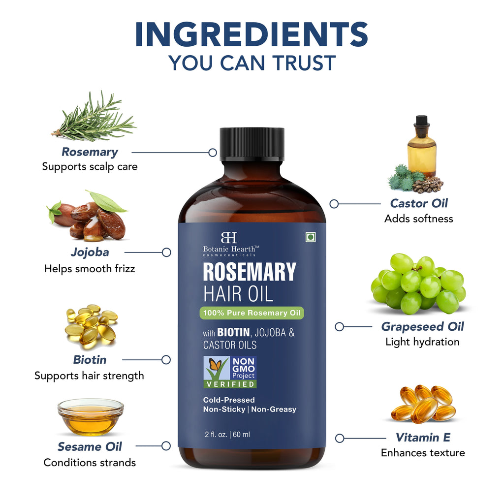 Rosemary 2 Fl Oz HAIR OIL with Glass Bottle + Dropper + Eyelash Brush + Eyebrow Applicator + Monocarton