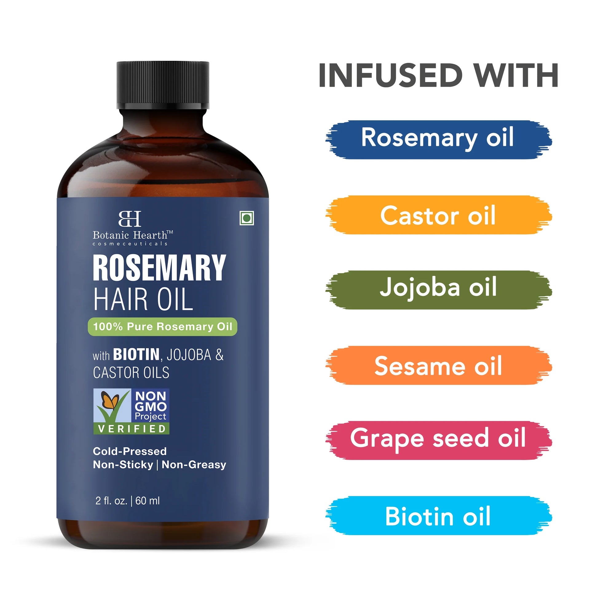 Rosemary 2 Fl Oz HAIR OIL with Glass Bottle + Dropper + Eyelash Brush + Eyebrow Applicator + Monocarton