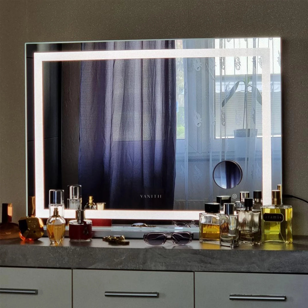 32''X23'' Vanity Mirror with Lights Bluetooth Tabletop Wall Mount Metal White