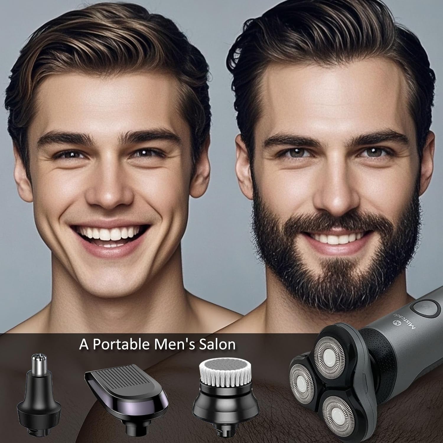 Electric Razor for Men, 4-In-1 Face Rechargeable Shaver Kit, Cordless Waterproof Rotary Razors with Travel Beard Trimmer, Nose Trimmer and Face Cleaning Brush (Gray)