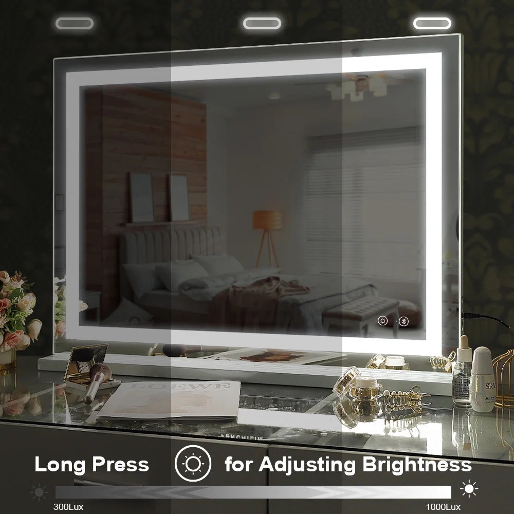 32''X23'' Vanity Mirror with Lights Bluetooth Tabletop Wall Mount Metal White