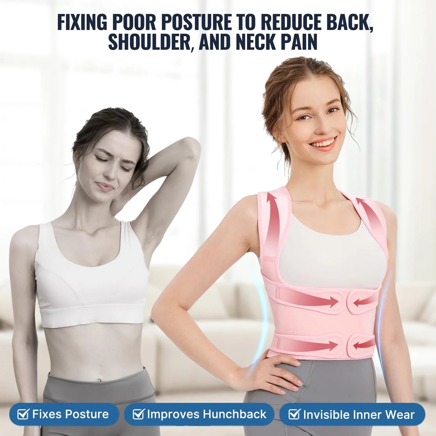 Back Brace Posture Corrector for Women, Back Straightener Posture Corrector, Scoliosis and Hunchback Correction, Back Pain, Spine Corrector, Support, Adjustable Posture Trainer,Pink Large