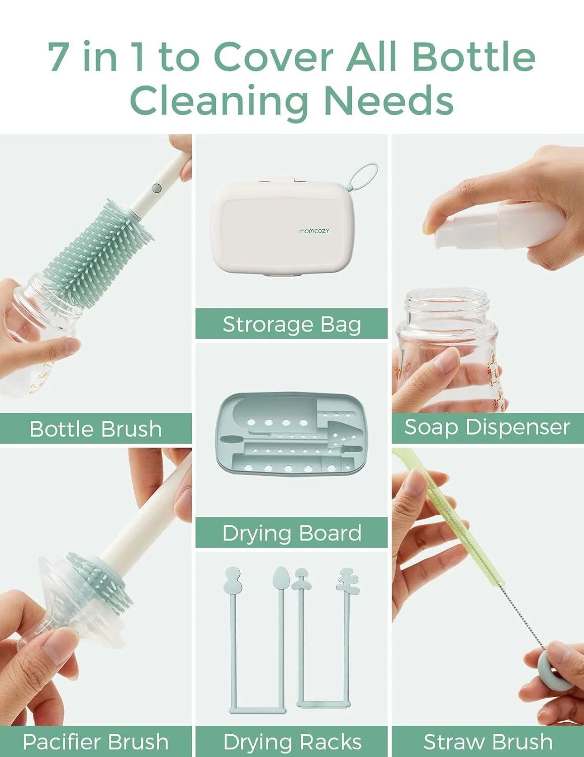 Portable Bottle Brush Set - Baby Bottle Cleaner Kit with Silicone Brush, Drying Rack - 6 in 1 Bottle Cleaning Tool for Home and Travel