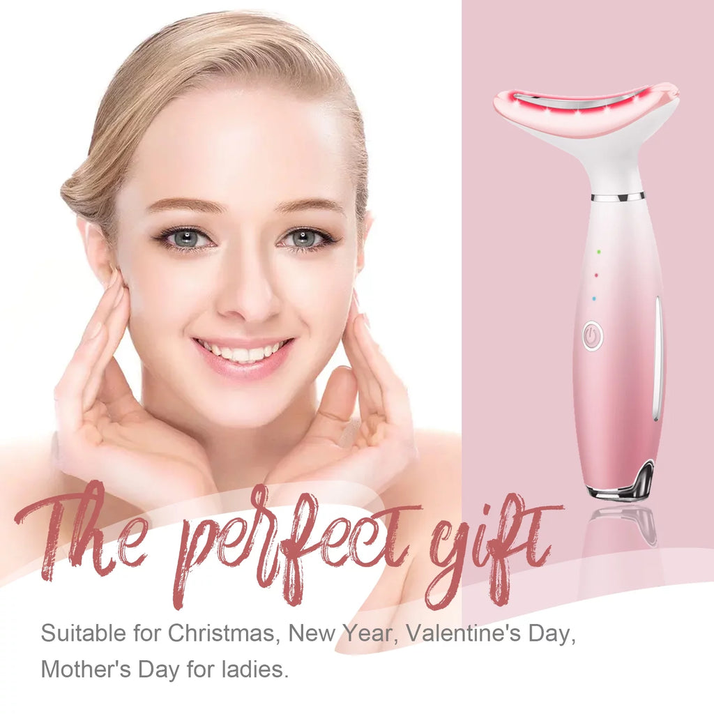 Skin Rejuvenation Beauty Device for Face and Neck Based Neck Lift on Triple Action LED, Thermal, and Vibration Technologies Lifts and Tightens Sagging Skin for a Radiant Appearance (Pink)