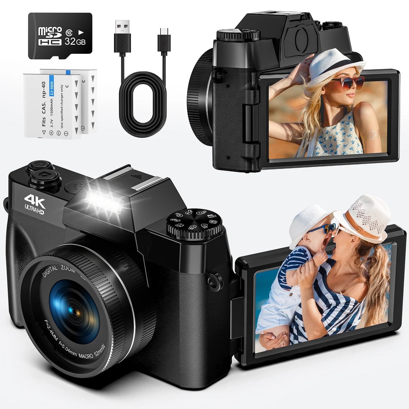 Digital Camera for Youtube 4K Video Camera 56MP Vlogging Camera Camcorder with 32GB SD Card and 2 Batteries