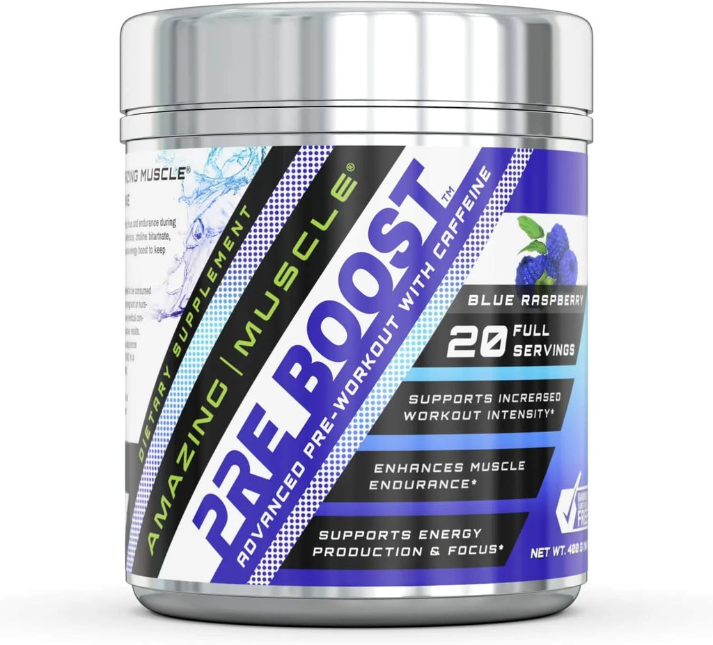 Pre Boost-Advanced Pre-Workout Formula with Caffeine, Creatine HCL, Bioperine and More - Promotes Energy for an Intense Workout – 20 Full Servings (Blue Raspberry)