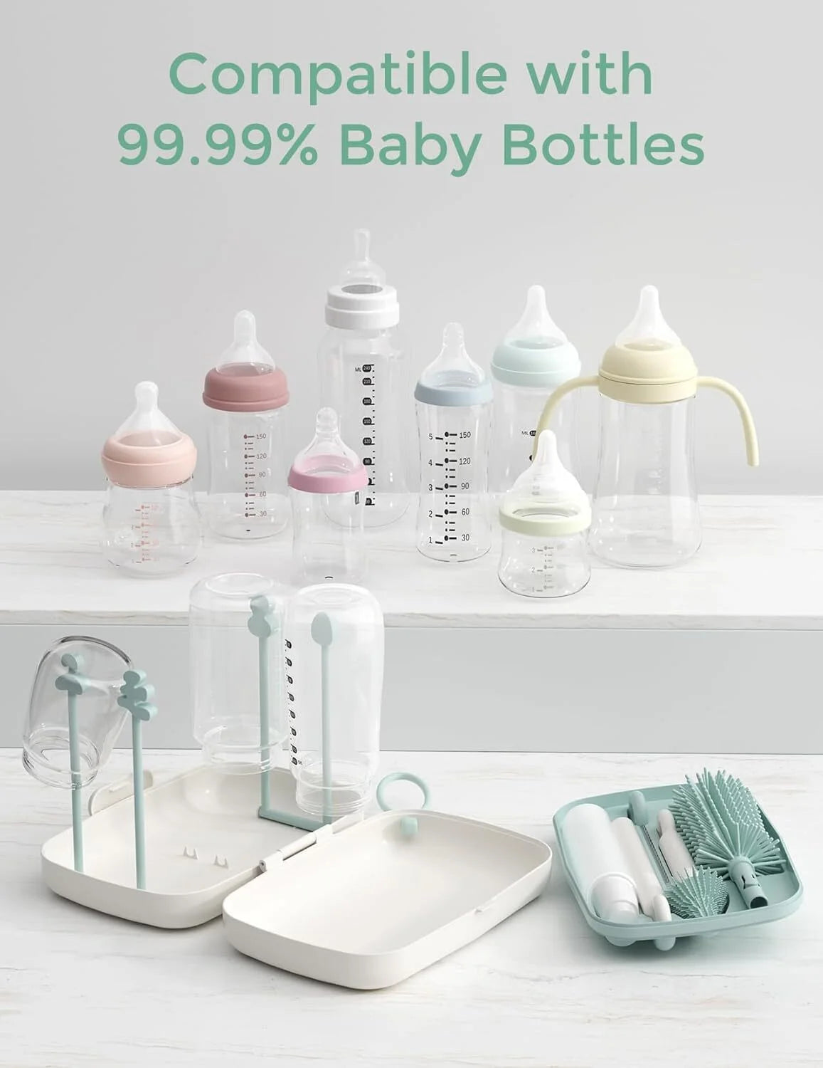 Portable Bottle Brush Set - Baby Bottle Cleaner Kit with Silicone Brush, Drying Rack - 6 in 1 Bottle Cleaning Tool for Home and Travel