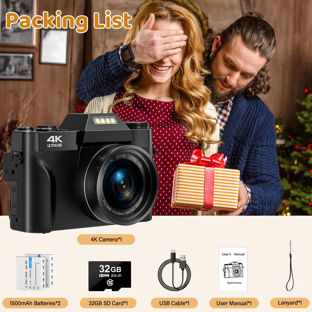 Digital Camera for Youtube 4K Video Camera 56MP Vlogging Camera Camcorder with 32GB SD Card and 2 Batteries