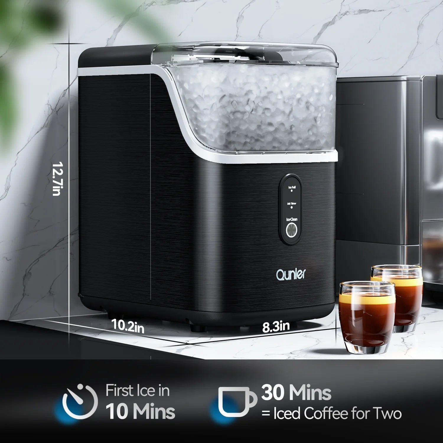 Nugget Ice Maker Countertops, 33Lbs per Day Portable Pebble Ice Machine, Crushed Sonic Ice Maker with Soft Chewable Ice for Home, Party, RV, Camping, Stainless Steel Black