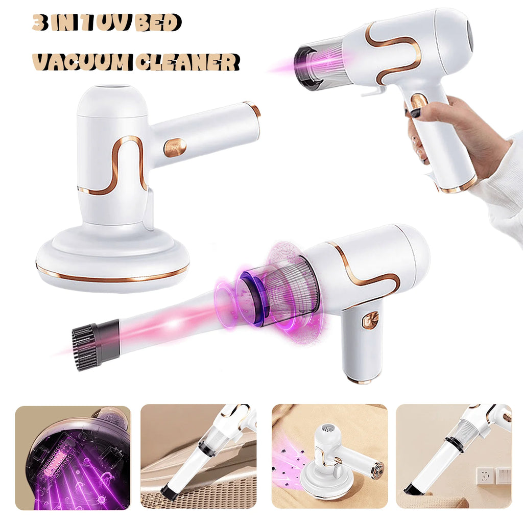 Bed Vacuum Cleaner, 3-In-1 Cordless Mattress Handheld Vacuum Cleaner, Powered by UV-C Light & Ultrasonic Technology, Strong Suction, Low Noise, Suitable for Dust, Pet Hair, Etc