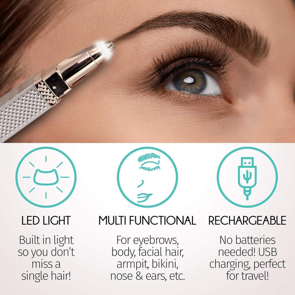 Eyebrow and Facial Hair Trimmer 2 in 1 Rechargeable Painless Epilator Easy to Use Eye Brows Razor Perfect Eyebrow Face Upper Lips Underarm Leg Bikini Hair Remover Brow Shaver with LED Light