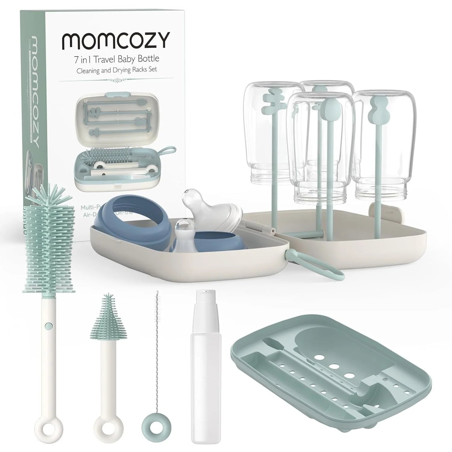 Portable Bottle Brush Set - Baby Bottle Cleaner Kit with Silicone Brush, Drying Rack - 6 in 1 Bottle Cleaning Tool for Home and Travel