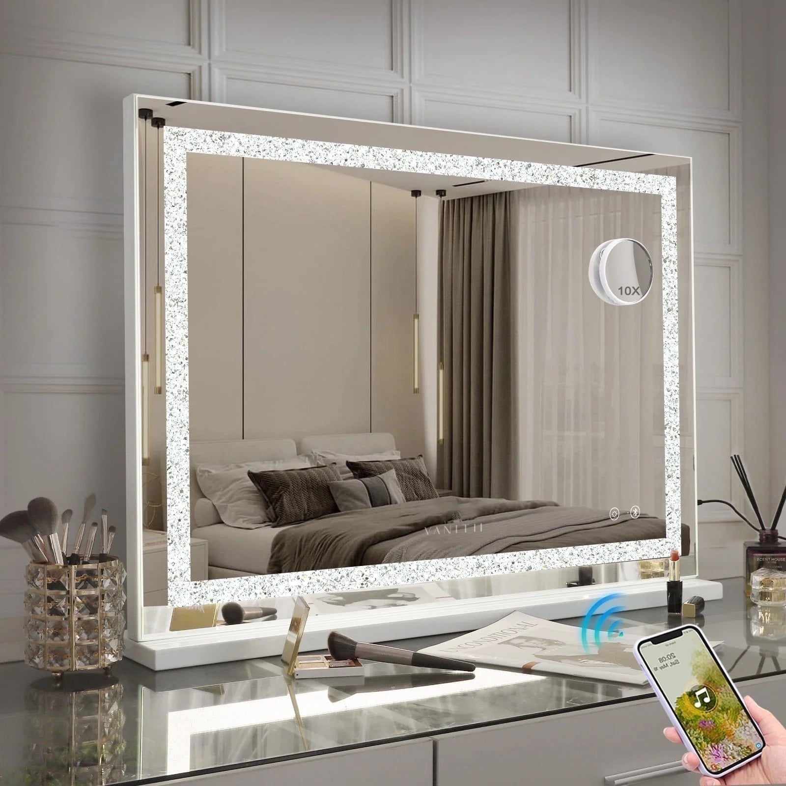 32''X23'' Vanity Mirror with Lights Bluetooth Tabletop Wall Mount Metal White