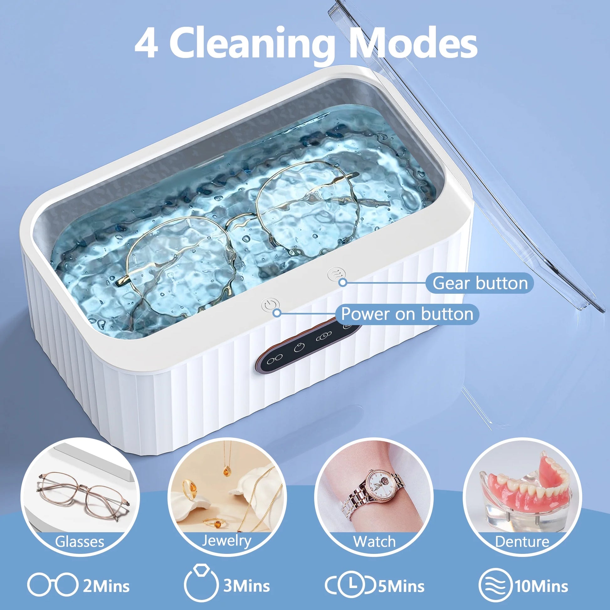 Ultrasonic Jewelry Cleaner, 400ML Sonic Silver Jewelry Cleaner Machine for Ring Glasses Watch Denture Retainer Coin Eyeglasses–47Khz&4 Timer Modes, Digital Display, Portable Cleaning Machine