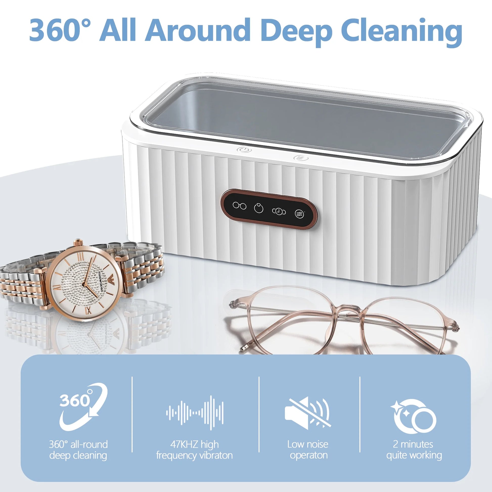 Ultrasonic Jewelry Cleaner, 400ML Sonic Silver Jewelry Cleaner Machine for Ring Glasses Watch Denture Retainer Coin Eyeglasses–47Khz&4 Timer Modes, Digital Display, Portable Cleaning Machine