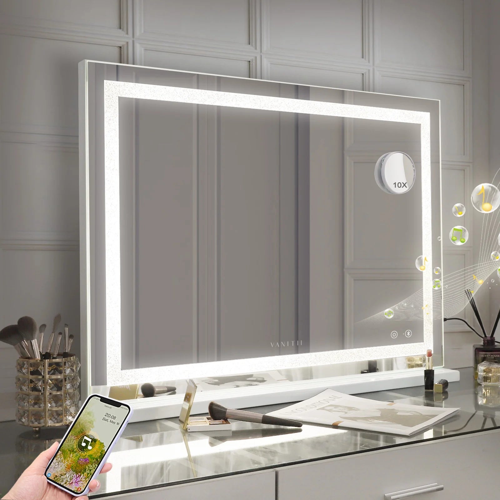 32''X23'' Vanity Mirror with Lights Bluetooth Tabletop Wall Mount Metal White