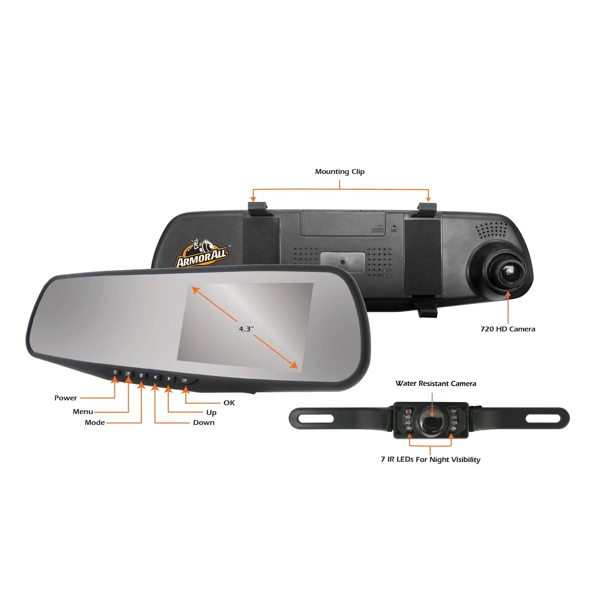 720P HD Rearview Mirror Dash and Backup Camera, 4.3 Inch LCD Screen, New Universal Design