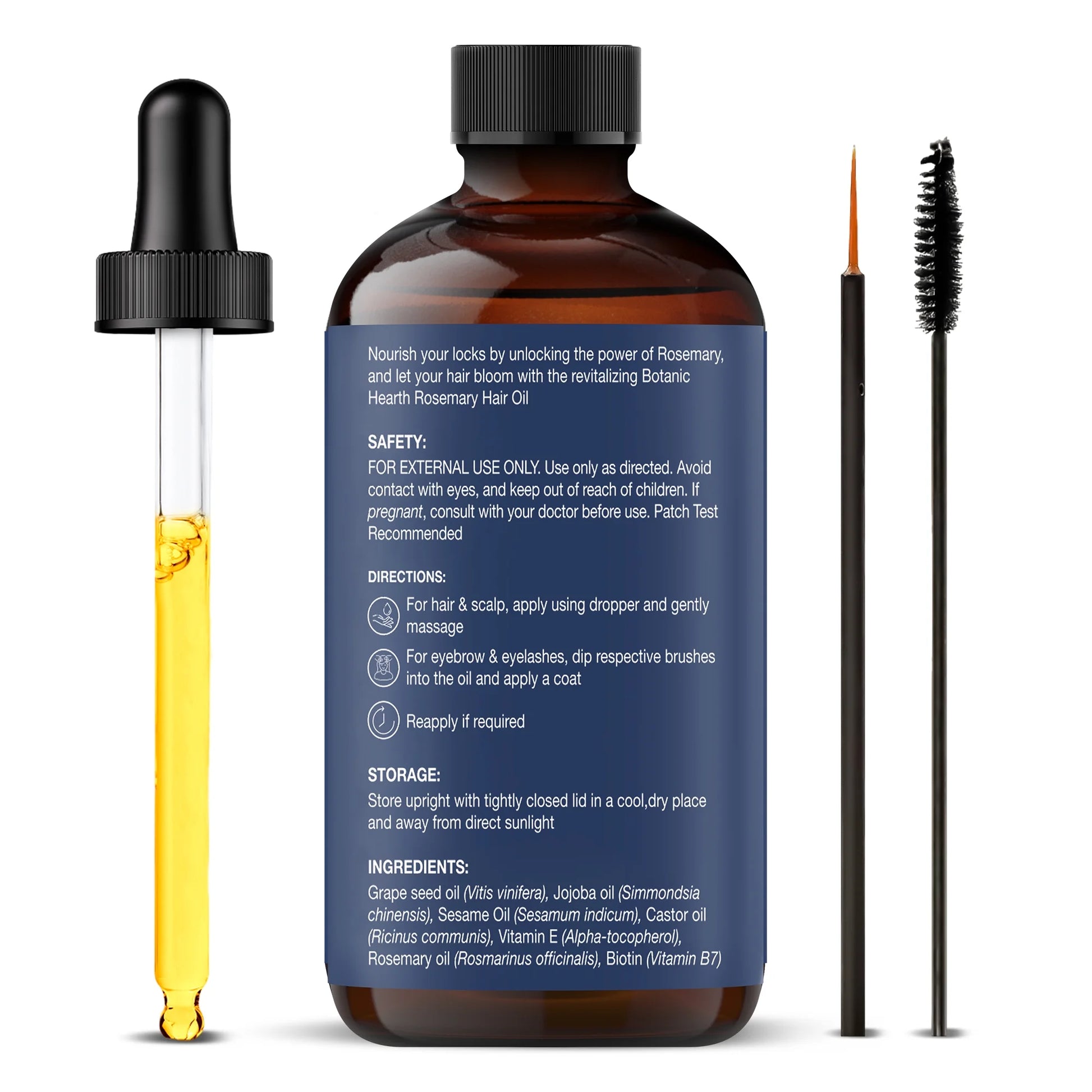 Rosemary 2 Fl Oz HAIR OIL with Glass Bottle + Dropper + Eyelash Brush + Eyebrow Applicator + Monocarton