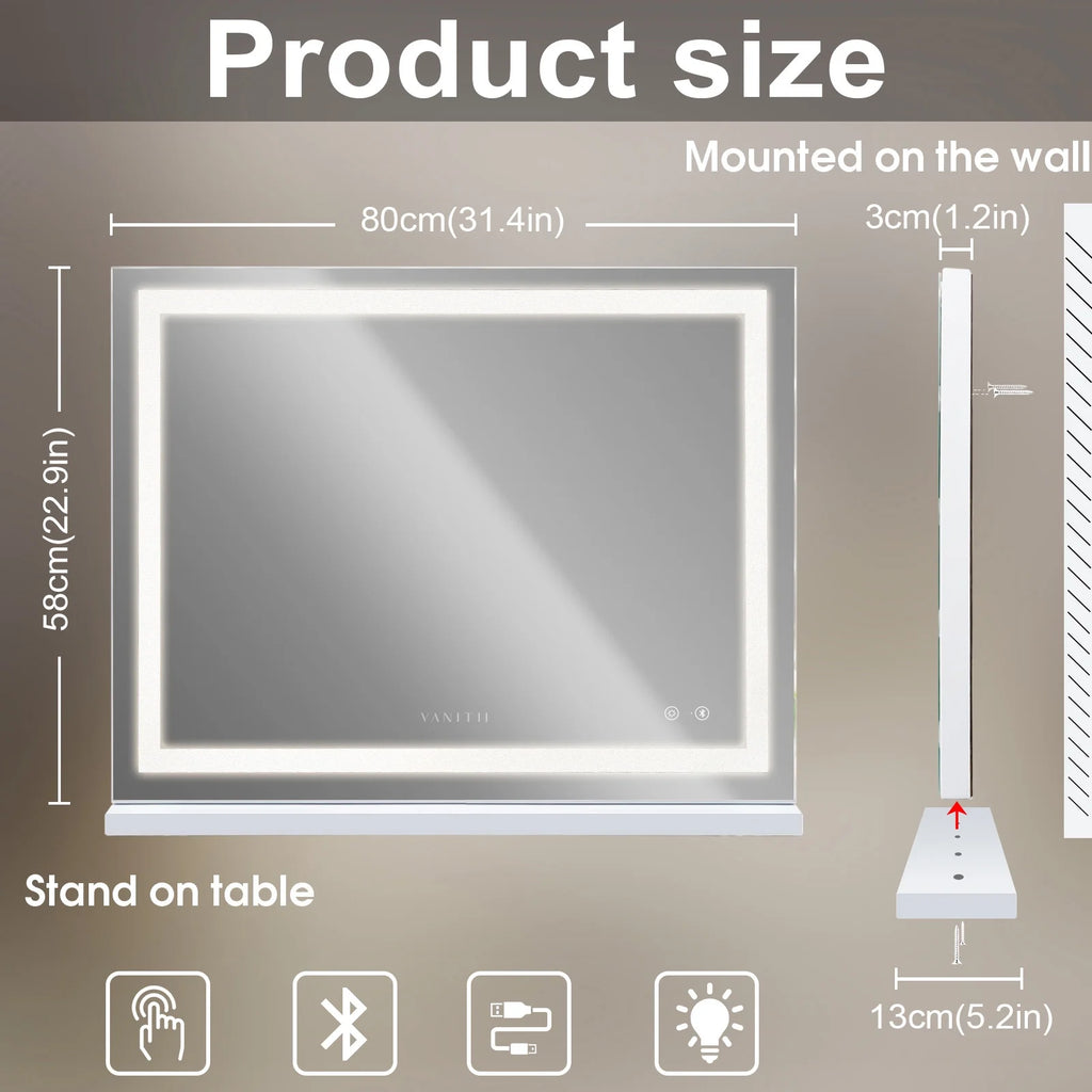32''X23'' Vanity Mirror with Lights Bluetooth Tabletop Wall Mount Metal White