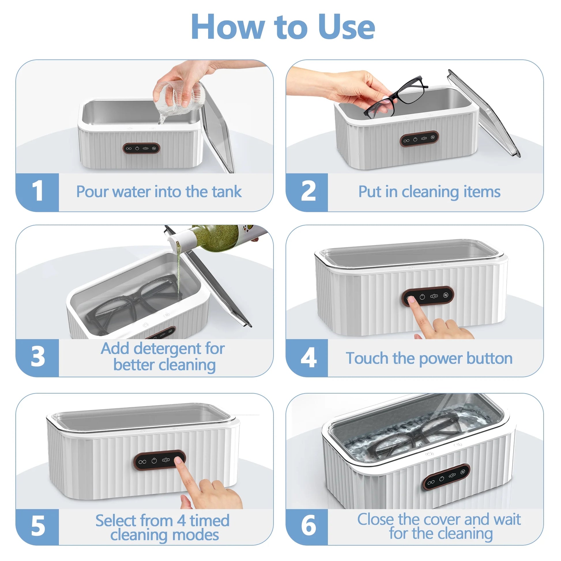 Ultrasonic Jewelry Cleaner, 400ML Sonic Silver Jewelry Cleaner Machine for Ring Glasses Watch Denture Retainer Coin Eyeglasses–47Khz&4 Timer Modes, Digital Display, Portable Cleaning Machine