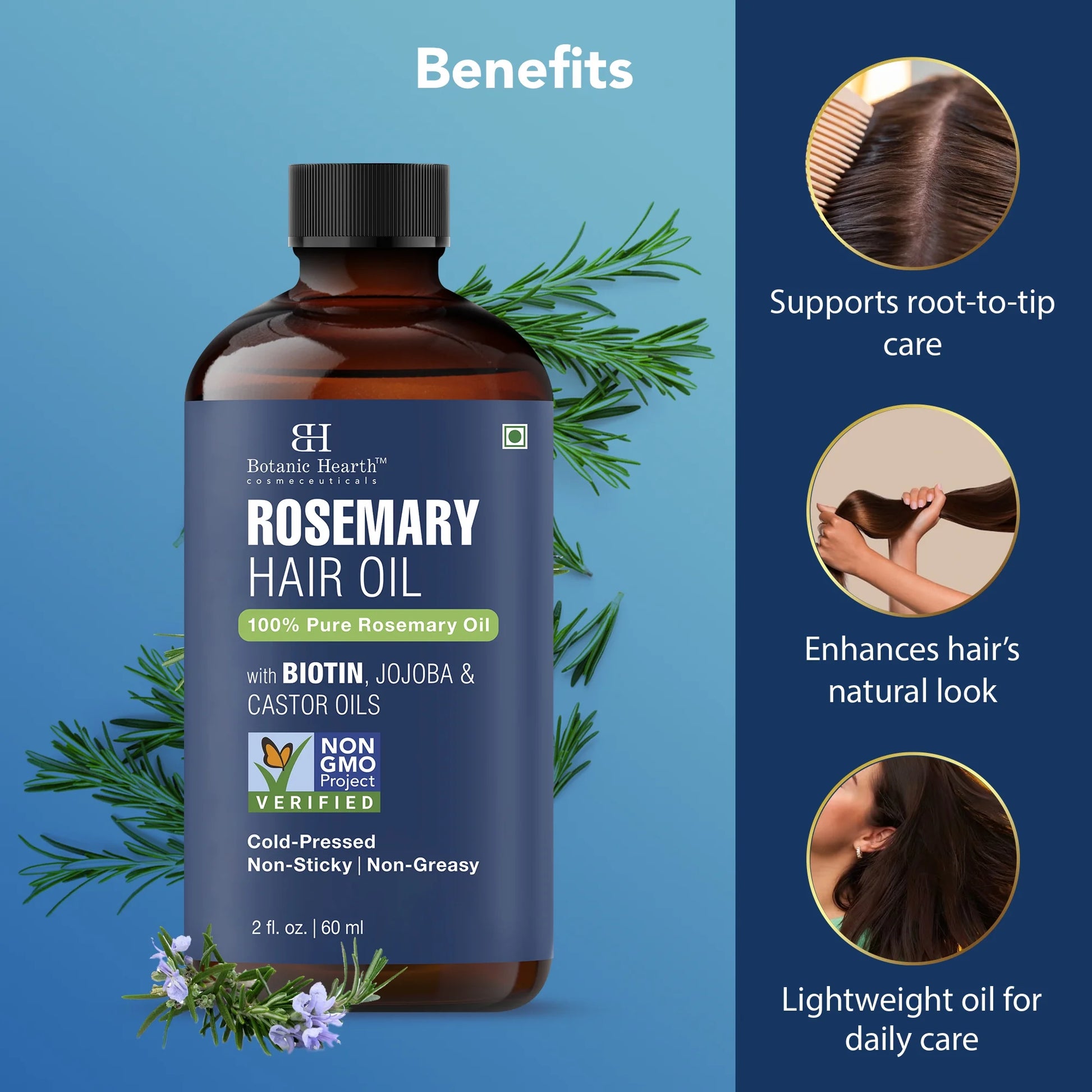 Rosemary 2 Fl Oz HAIR OIL with Glass Bottle + Dropper + Eyelash Brush + Eyebrow Applicator + Monocarton