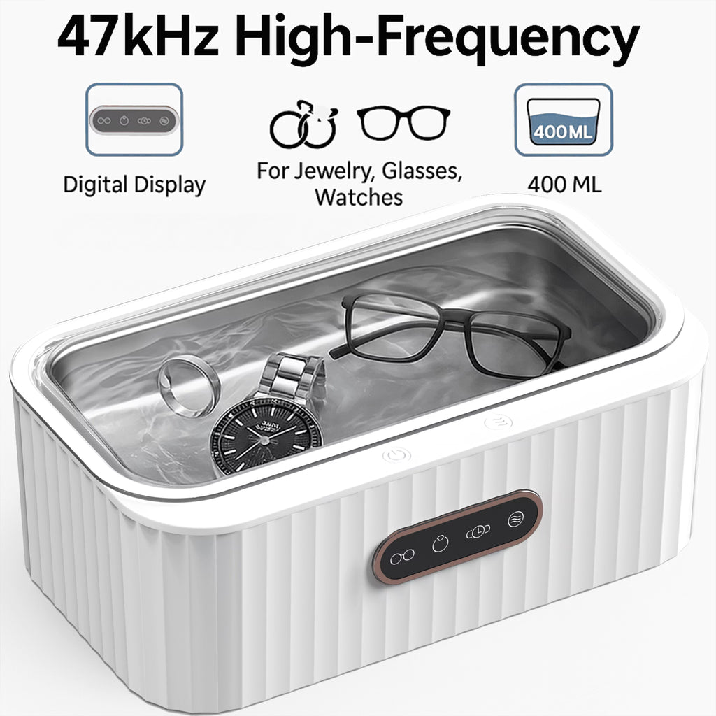 Ultrasonic Jewelry Cleaner, 400ML Sonic Silver Jewelry Cleaner Machine for Ring Glasses Watch Denture Retainer Coin Eyeglasses–47Khz&4 Timer Modes, Digital Display, Portable Cleaning Machine