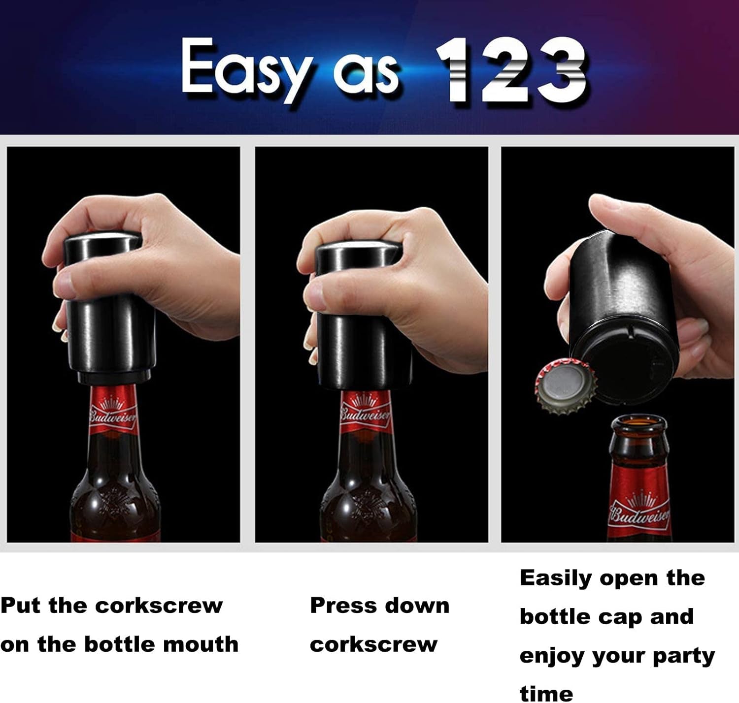 Father'S Day Gift for Dad,  Push down Bottle Opener, Automatic Beer Openers, Stainless Steel Bottle Cap Mover, Funny Kitchen Gadgets, Beer Bar Accessories Gifts for Him BF, Magnetic Corkscrew