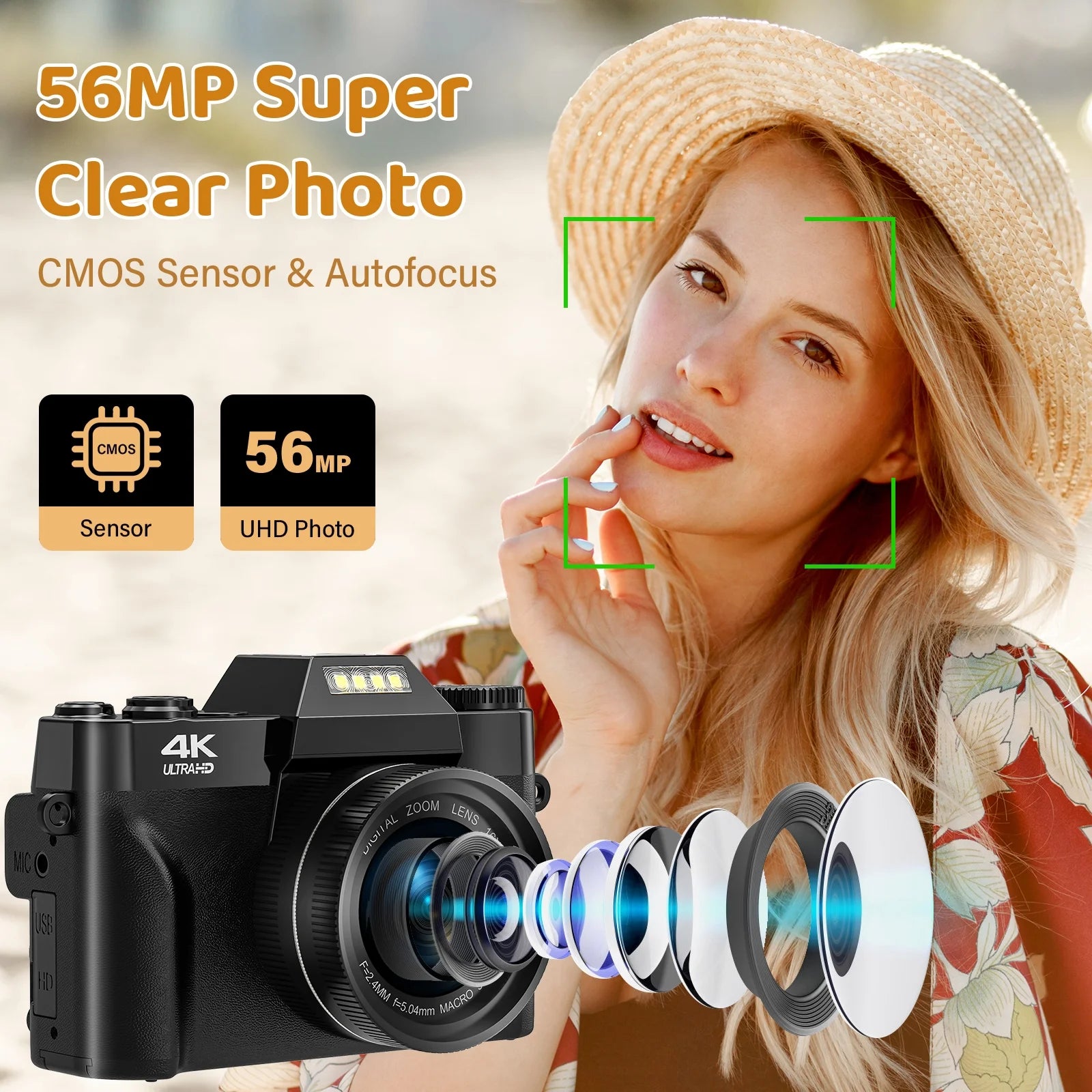 Digital Camera for Youtube 4K Video Camera 56MP Vlogging Camera Camcorder with 32GB SD Card and 2 Batteries