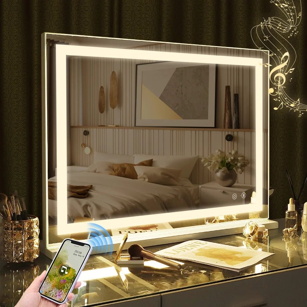32''X23'' Vanity Mirror with Lights Bluetooth Tabletop Wall Mount Metal White