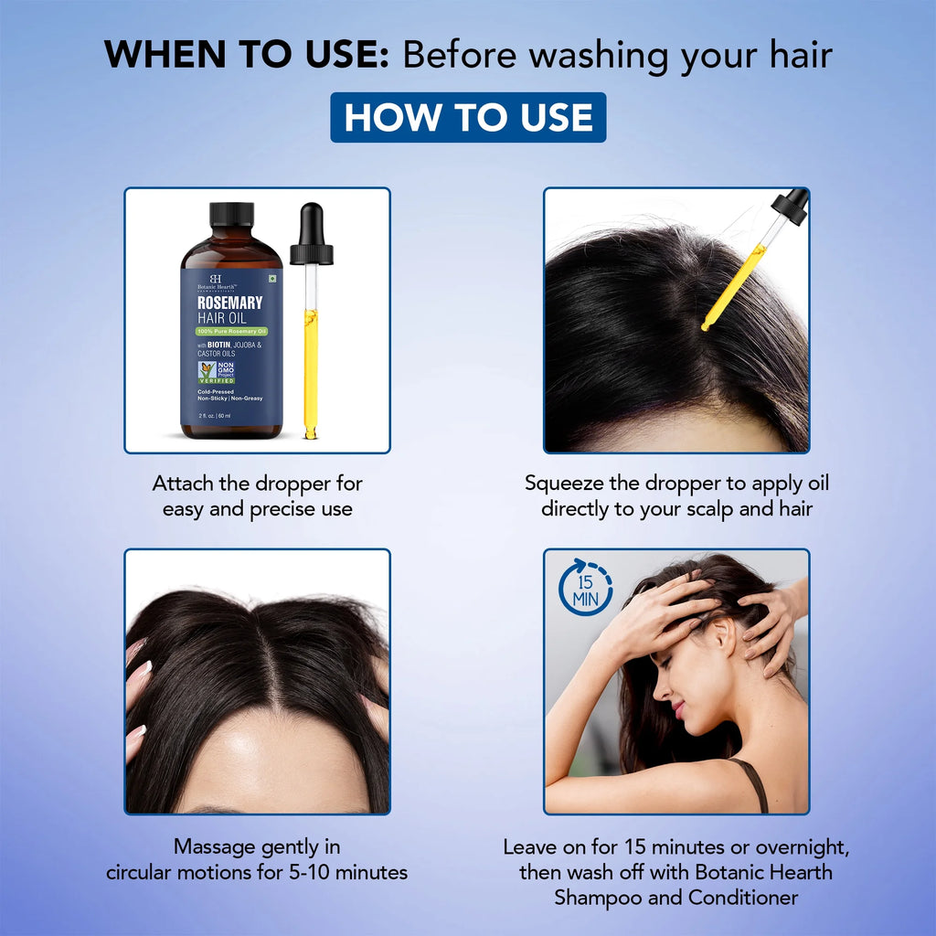 Rosemary 2 Fl Oz HAIR OIL with Glass Bottle + Dropper + Eyelash Brush + Eyebrow Applicator + Monocarton