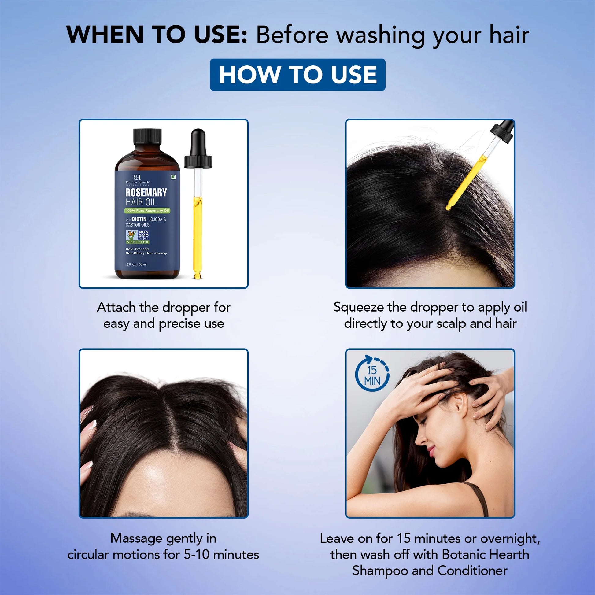 Rosemary 2 Fl Oz HAIR OIL with Glass Bottle + Dropper + Eyelash Brush + Eyebrow Applicator + Monocarton