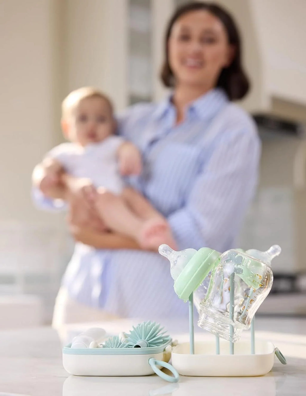 Portable Bottle Brush Set - Baby Bottle Cleaner Kit with Silicone Brush, Drying Rack - 6 in 1 Bottle Cleaning Tool for Home and Travel