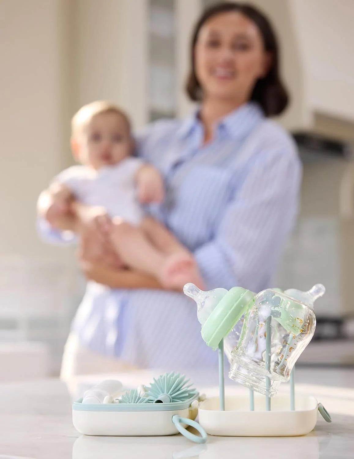 Portable Bottle Brush Set - Baby Bottle Cleaner Kit with Silicone Brush, Drying Rack - 6 in 1 Bottle Cleaning Tool for Home and Travel